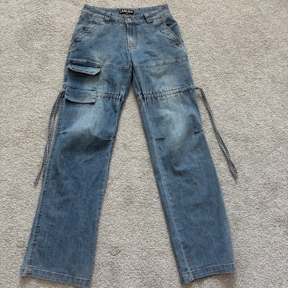 I AM GIA Naima Cargo Jeans Womens XS Blue Low Rise Y2K Grunge Indie Sleeze